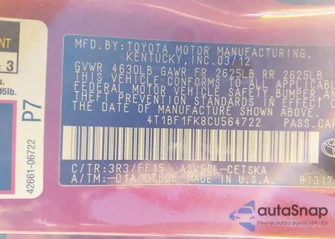 2012 Toyota Camry Se from USA, damaged, VIN 4T1BF1FK8CU564722